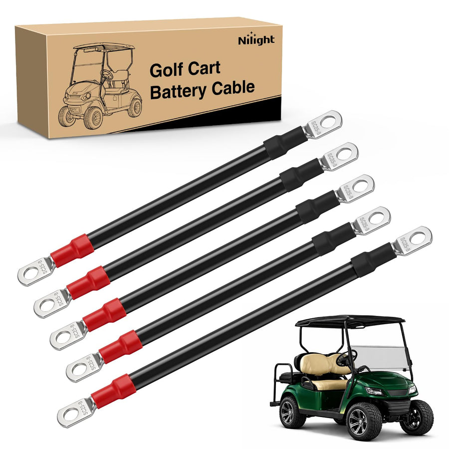 Nilight 5PCS 4 AWG Golf Cart Battery Cable Kit Pure Copper for EZGO TXT | Heavy Duty Pure Copper AC/DC Wire Kits with Tinned Copper Lugs for 36V/48V EZGO TXT 1994-up