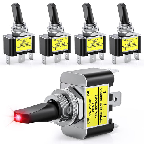 Nilight 5PCS LED Toggle Switch ON Off 12V 30A Red LED Lighted Metal Switches Heavy Duty SPST 3 Pin Rocker 12mm Mounting Hole for Automotive Cars Trucks Boats Racing Car