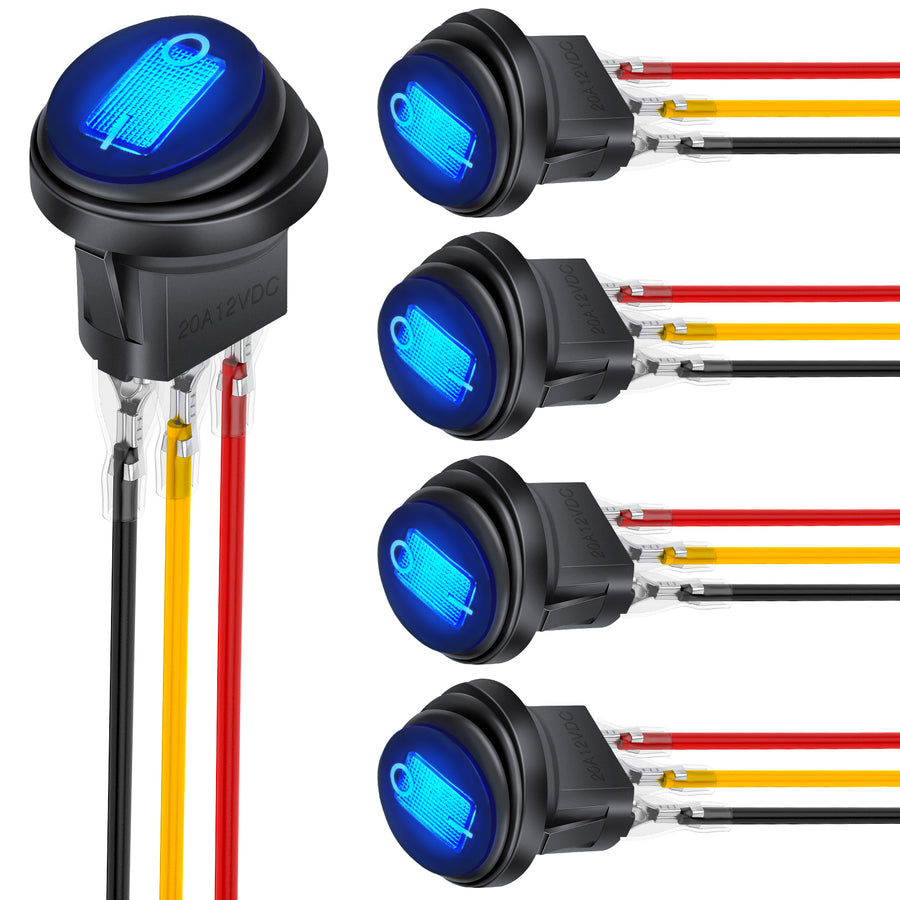 Nilight 5Pcs Waterproof Round Rocker Toggle Blue LED Switch 12V 20A 3 Pin ON Off SPST for Car Truck Boat Marine Automotive RV with Locked Terminal Wires