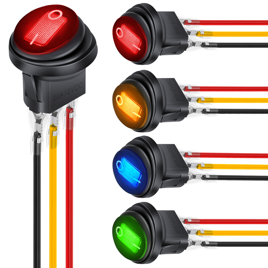Nilight 5Pcs Waterproof Round Rocker Toggle Green Red Blue Yellow LED Switch 12V 20A 3 Pin ON Off SPST for Car Truck Boat Marine Automotive RV with Locked Terminal Wires