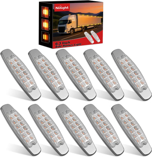 Nilight 6.3 Inch Amber Rectangle Side Marker Light, White Lens, High Low Strobe | 12 LED IP67 Waterproof Chrome Bezel 12V Surface Mount Marker & Clearance Light Fits Pickup Trucks Trailers RVs Boats,10 Pack
