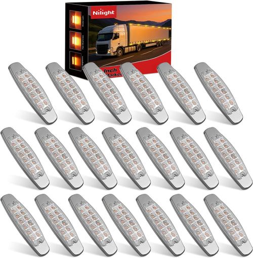 Nilight 6.3 Inch Amber Rectangle Side Marker Light, White Lens, High Low Strobe | 12 LED IP67 Waterproof Chrome Bezel 12V Surface Mount Marker & Clearance Light Fits Pickup Trucks Trailers RVs Boats,20 Pack
