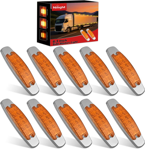 Nilight 6.3 Inch Amber Rectangle Side Marker Light with High Low Strobe | 12 LED IP67 Waterproof Chrome Bezel 12V Surface Mount Marker & Clearance Light Fits Pickup Trucks Trailers RVs Boats,10 Pack