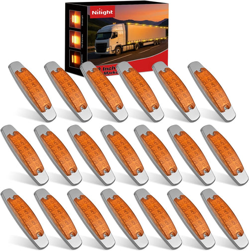 Nilight 6.3 Inch Amber Rectangle Side Marker Light with High Low Strobe | 12 LED IP67 Waterproof Chrome Bezel 12V Surface Mount Marker & Clearance Light Fits Pickup Trucks Trailers RVs Boats,20 Pack