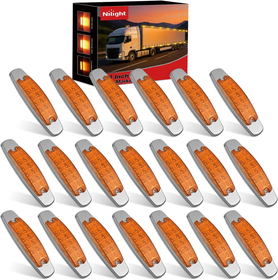 Nilight 6.3 Inch Amber Rectangle Side Marker Light with High Low Strobe | 12 LED IP67 Waterproof Chrome Bezel 12V Surface Mount Marker & Clearance Light Fits Pickup Trucks Trailers RVs Boats,20 Pack