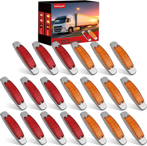 Nilight 6.3 Inch Amber Red Rectangle Side Marker Light with High Low Strobe | 12 LED IP67 Waterproof Chrome Bezel 12V Surface Mount Marker & Clearance Light Fits Pickup Trucks Trailers RVs Boats,20 Pack