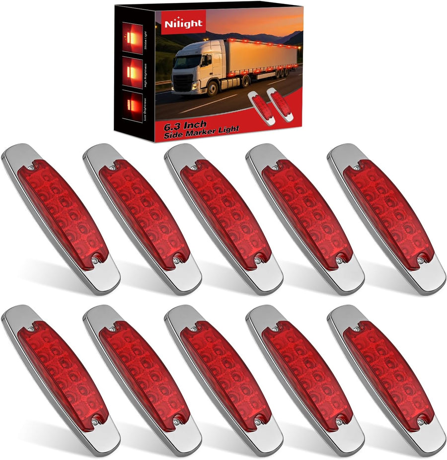 Nilight 6.3 Inch Red Rectangle Side Marker Light with High Low Strobe | 12 LED IP67 Waterproof Chrome Bezel 12V Surface Mount Marker & Clearance Light Fits Pickup Trucks Trailers RVs Boats,10 Pack