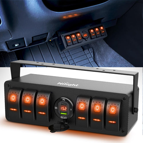 Nilight 6 Gang Rocker Switch Box 12V SPST ON Off Toggle Switches PD Type C and QC 3.0 USB Sockcet Voltmeter LED Light Waterproof Aluminum Mount Bracket Panel DIY Stickers for Boat Car RV Truck