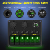 Nilight 6 Gang Rocker Switch Panel Waterproof Pre-Wired Aluminum Panels with PD Type C and USB Cigarette Lighter Socket Voltmeter 12V 24V ON Off Switches for Car Trucks Boats RVs Green, view 3