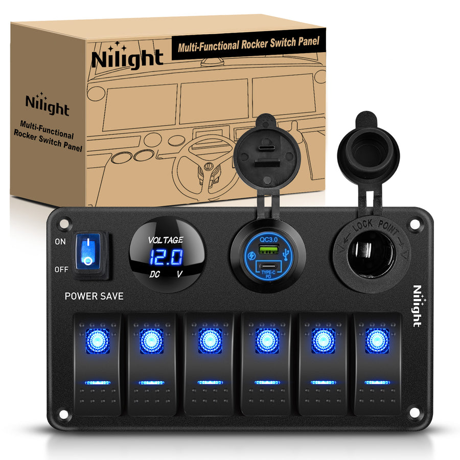 Nilight 6 Gang Rocker Switch Panel Waterproof Pre-Wired Aluminum Power Control Marine Panels with PD Type C and USB Cigarette Lighter Socket Voltmeter 12V 24V ON Off Switches for Car Trucks Boats RVs