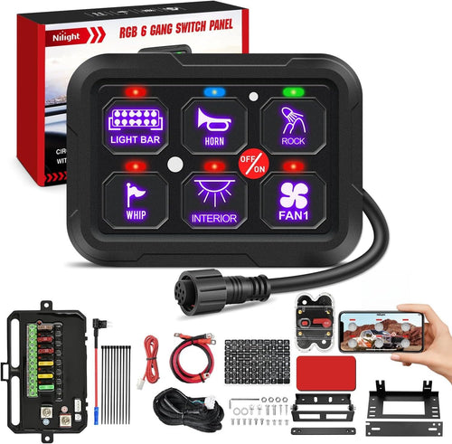 Nilight 6 Gang Switch Panel 12V 24V Universal Circuit Control Relay System with RGB Backlight APP Control Fuse Wiring Harness Automatic Dimmable ON Off LED Switch Pod for Car Pickup Truck Camper SUV