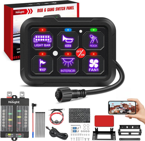 Nilight 6 Gang Switch Panel 12V 24V Universal Circuit Control Relay System with RGB Backlight APP Fuse Wiring Harness Automatic Dimmable ON Off LED Switches Pod for Car Pickup Truck Camper SUV