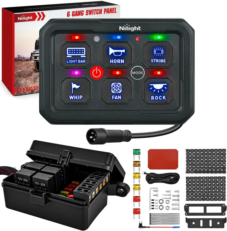 Nilight 6 Gang Switch Panel Blue Circuit Control Relay System with Fuse Wiring Harness Toggle Momentary Strobe Flash Modes Automatic Dimmable ON Off Pod 12V 24V for Car Truck Camper SUV