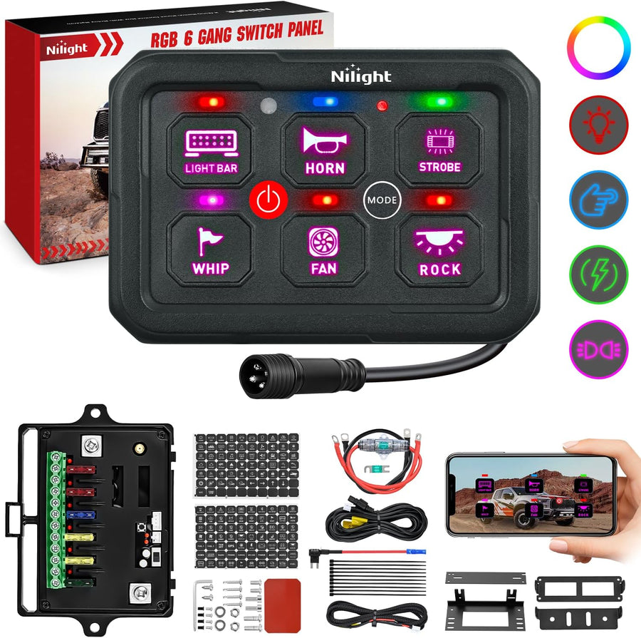 Nilight 6 Gang Switch Panel Circuit Control Relay System APP RGB Backlight Fuse Wiring Harness Toggle Momentary Strobe Flash Modes Automatic Dimmable 12V 24V ON Off Pod for Car Truck Camper SUV