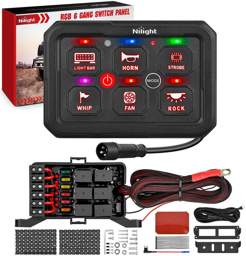 Nilight 6 Gang Switch Panel Red Circuit Control Relay System with Fuse Wiring Harness Toggle Momentary Strobe Flash Modes Automatic Dimmable ON Off Pod 12V 24V for Car Truck Camper SUV