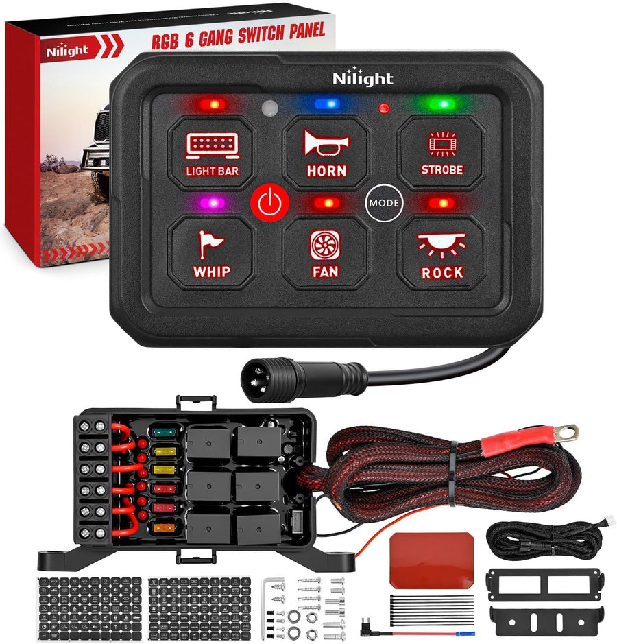 Nilight 6 Gang Switch Panel Red Circuit Control Relay System with Fuse Wiring Harness Toggle Momentary Strobe Flash Modes Automatic Dimmable ON Off Pod 12V 24V for Car Truck Camper SUV