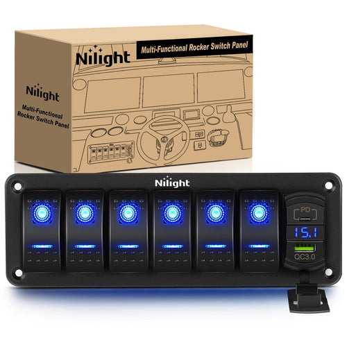 Nilight 6 Gang Switch Panel With QC3.0 & PD Charger And Voltmerter with Blue Backlit