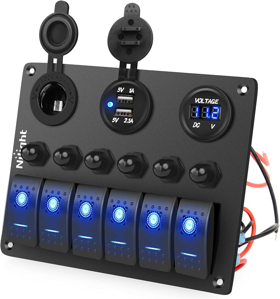 Nilight 6 Gang Toggle Rocker Switch Panel with Digital Voltmeter and Cigarette Socket Double USB Power Charger Adapter Overload Protection