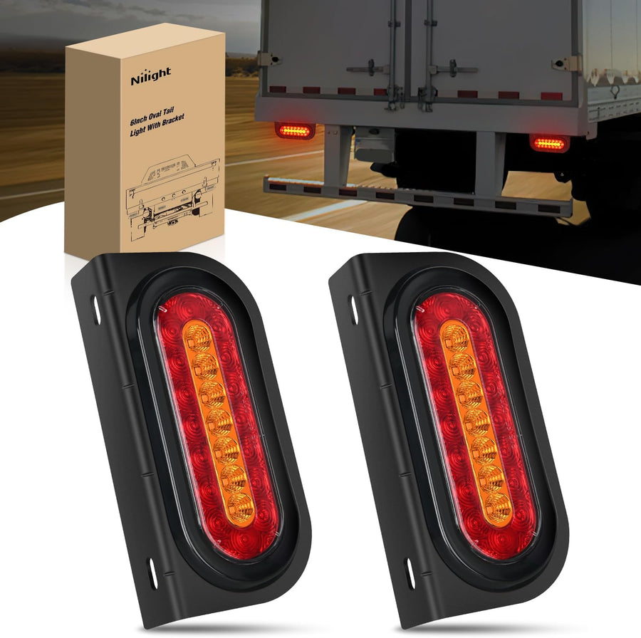 Nilight 6 Inch Oval Trailer Tail Light 2 PCS Red Brake Stop Amber Left Right Turn Signals Lights with Flush Mount Grommets Plugs Mounting Brackets for RV Truck Luggage Rack