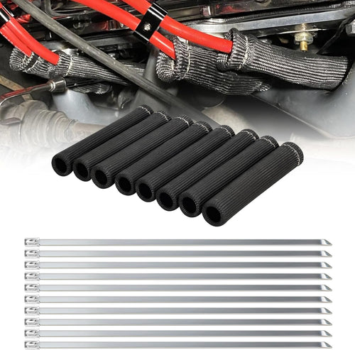 Nilight 6 Inch Spark Plug Wire Heat Shield Sleeve 8PCS Black | 3002°F Boot Protector with 10 Metal Zip Ties, Replacement for LS1 LS2 SBC BBC 350 454 Car Truck