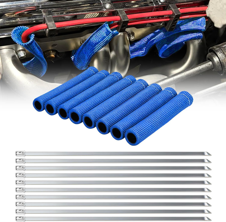 Nilight 6 Inch Spark Plug Wire Heat Shield Sleeve 8PCS Blue | 3002°F Boot Protector with 10 Metal Zip Ties, Replacement for LS1 LS2 SBC BBC 350 454 Car Truck