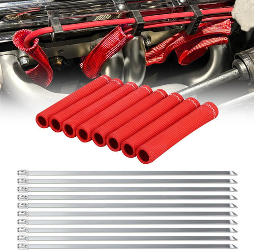 Nilight 6 Inch Spark Plug Wire Heat Shield Sleeve 8PCS Red | 3002°F Boot Protector with 10 Metal Zip Ties, Replacement for LS1 LS2 SBC BBC 350 454 Car Truck