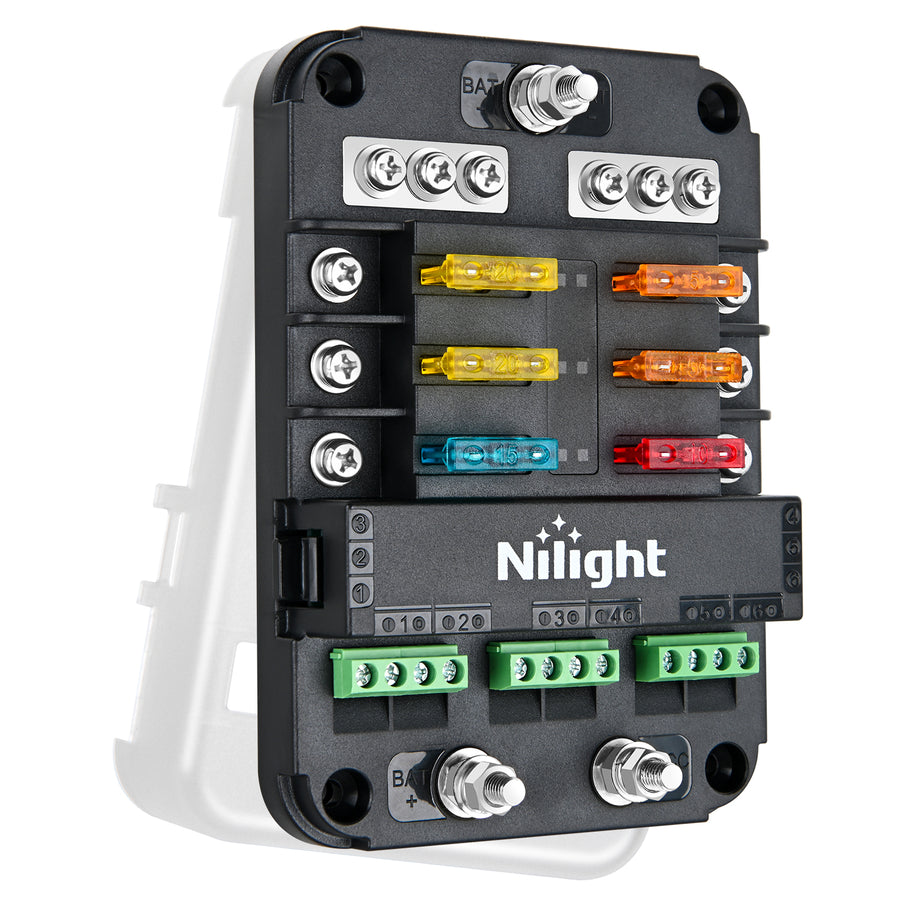 Nilight 6 Way Fuse Relay Block with Acc Control Negative Bus 12V Blade Holder ATC/ATO Box Label Stickers Waterproof Cover Panel for Automotive Cars Motorcycle RVs Vans