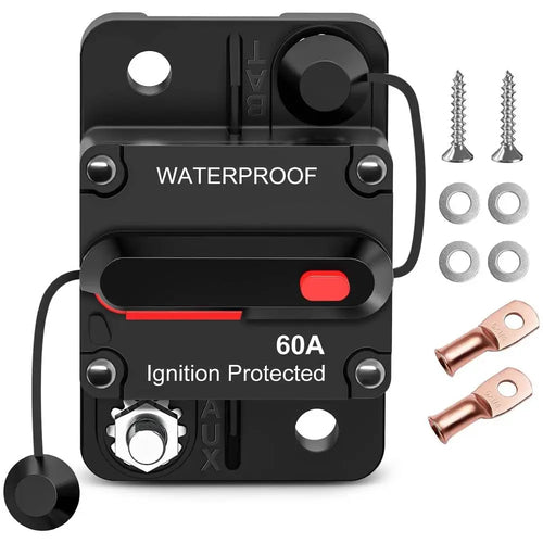 Nilight 60A Circuit Breaker Resettable 12-48V DC Manual Reset w/Copper Wire Lugs Surface Mount Overload Protection