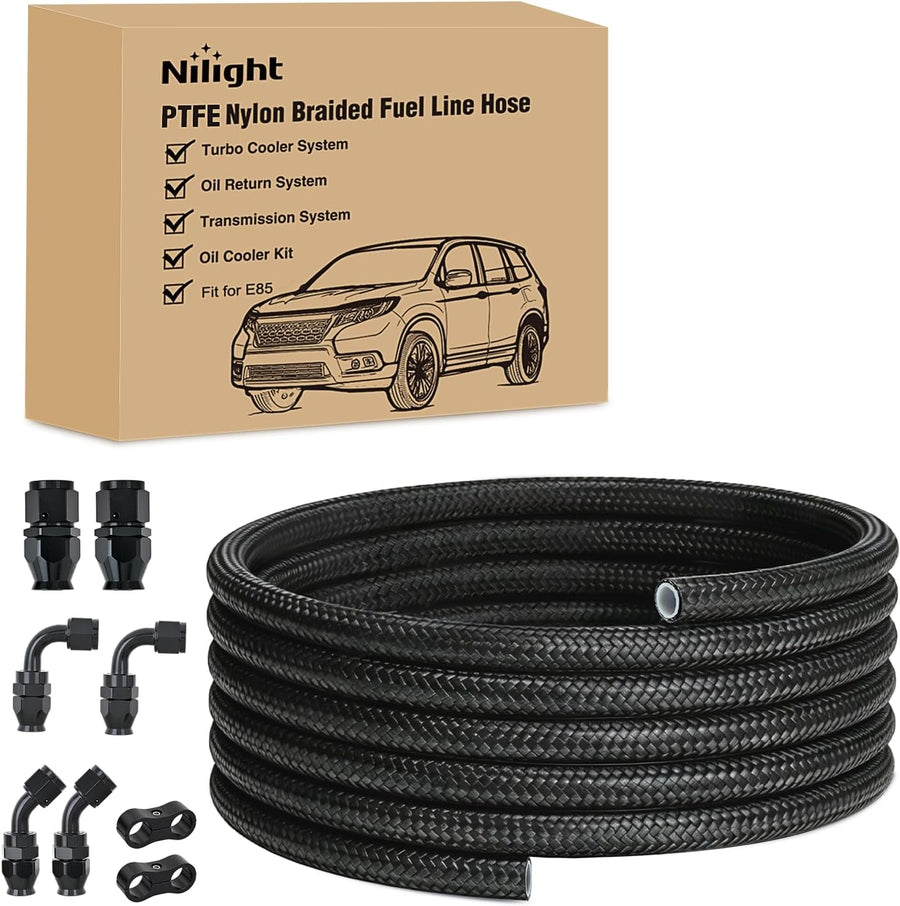 Nilight 6AN 10FT PTFE Fuel Hose Kit with 8PCS AN6 Fittings&Hose Separators | Fit E85 Nylon Stainless Steel Braided Fuel Hose Universal for Automotive Racing Engines
