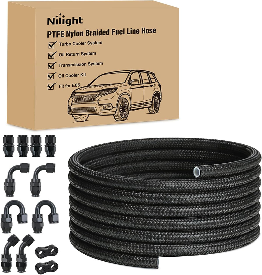 Nilight 6AN 20FT PTFE Fuel Hose Kit with 12PCS AN6 Fittings&Hose Separator | Fit E85 Nylon Stainless Steel Braided Fuel Hose Universal for Automotive Racing Engines