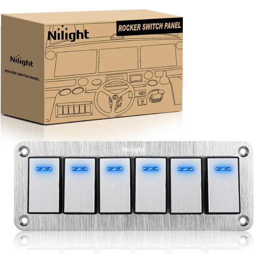 Nilight 6Gang Aluminum 3Pin ON/Off Blue Led Rocker Switch Panel