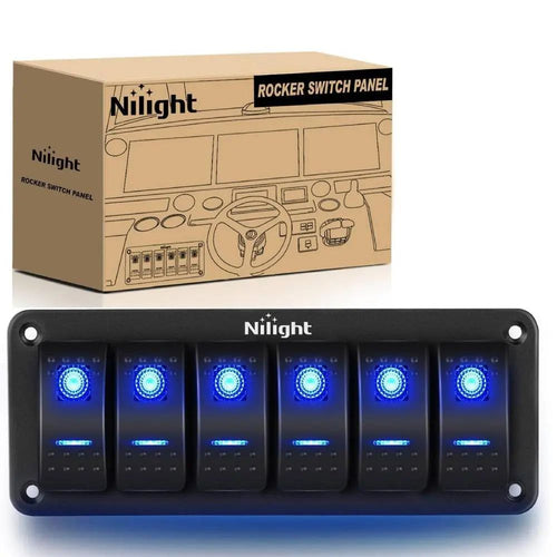 Nilight 6Gang Aluminum 5Pin ON/Off Blue Rocker Switch Panel