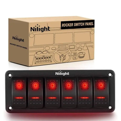 Nilight 6Gang Aluminum 5Pin ON/Off Red Rocker Switch Panel