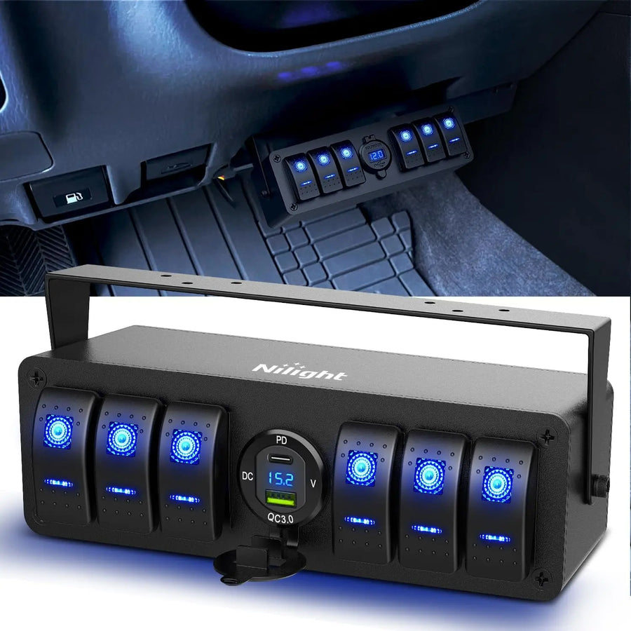 Nilight 6Gang Aluminum 5Pin SPST Blue Rocker Switch Panel w/ PD Type C and USB Charger Voltmeter