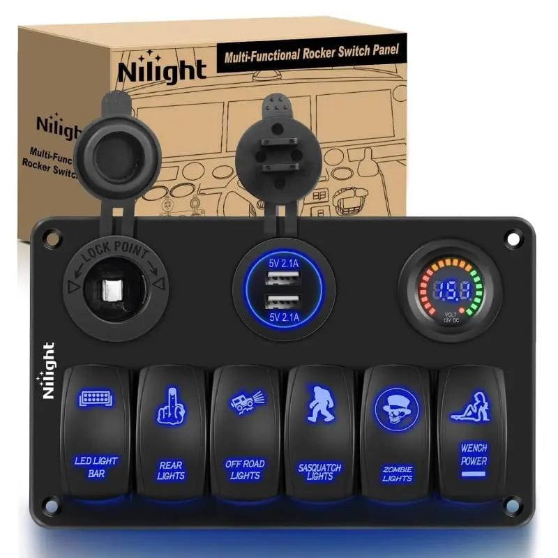 Nilight 6Gang Aluminum Laser ON/Off Blue Rocker Switch Panel w/ Dual USB Charger Cigarette Voltmeter