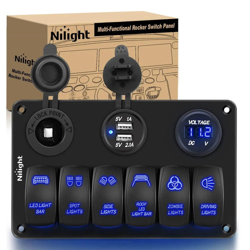 Nilight 6Gang Aluminum Laser Rocker Switch Panel w/ Cigarette Lighter Dual USB Voltmeter