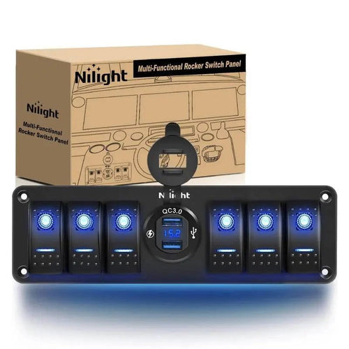 Nilight 6Gang Aluminum ON/Off Blue Rocker Switch Panel w/ QC 3.0 Dual USB Charger Voltmeter