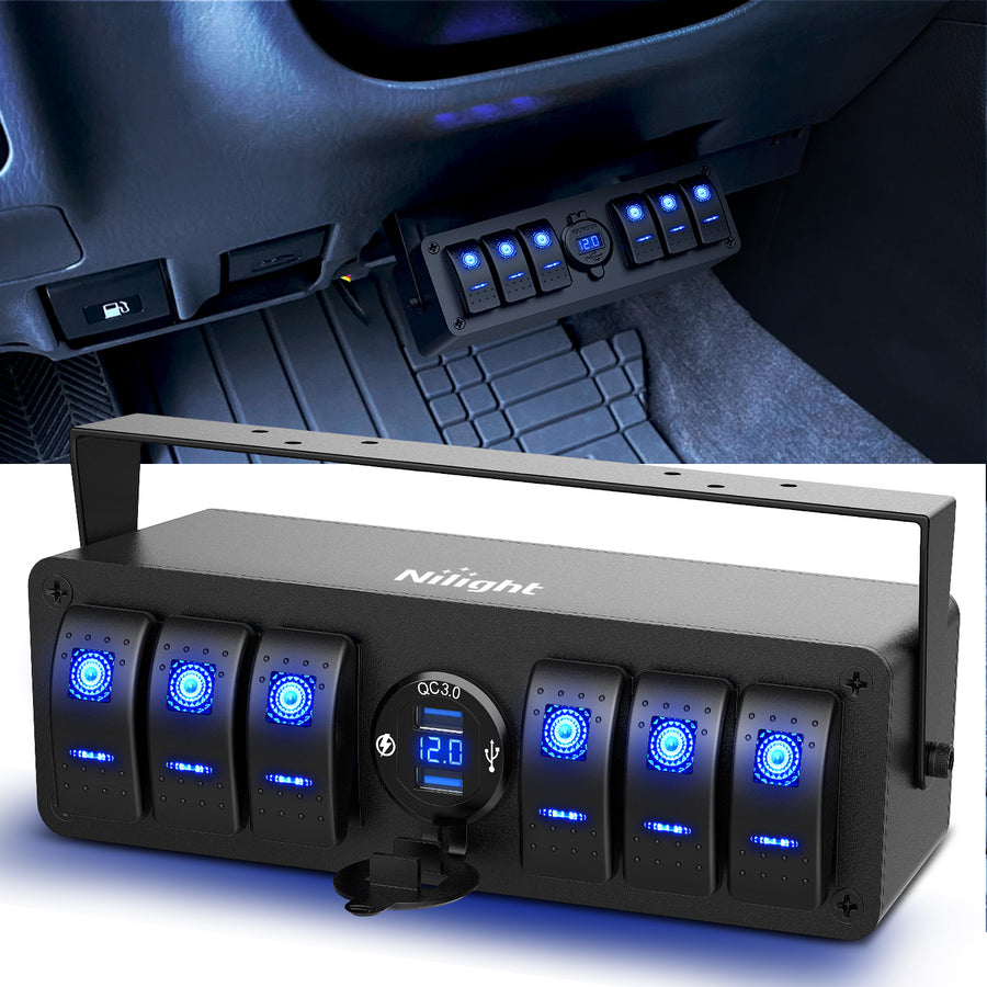 Nilight 6Gang Aluminum ON/Off Rocker Switch Box w/ QC 3.0 Dual USB Charger Voltmeter