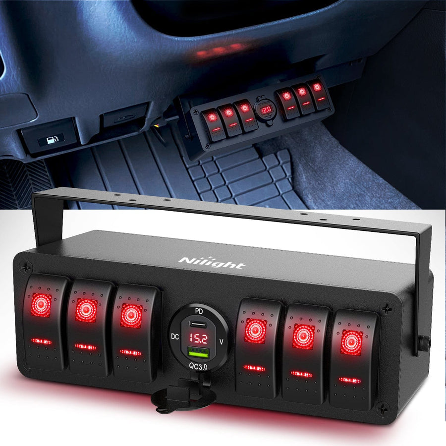 Nilight 6Gang Aluminum ON/Off Rocker Switch Box w/ QC 3.0 Dual USB Charger Voltmeter with Red Backlit