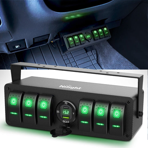 Nilight 6Gang Aluminum ON/Off Rocker Switch Box w/ QC 3.0 Dual USB Charger Voltmeter