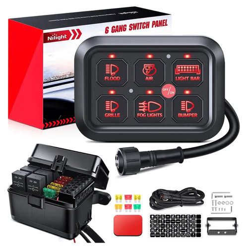 Nilight 6Gang Multifunction Red Rocker Switch Panel System