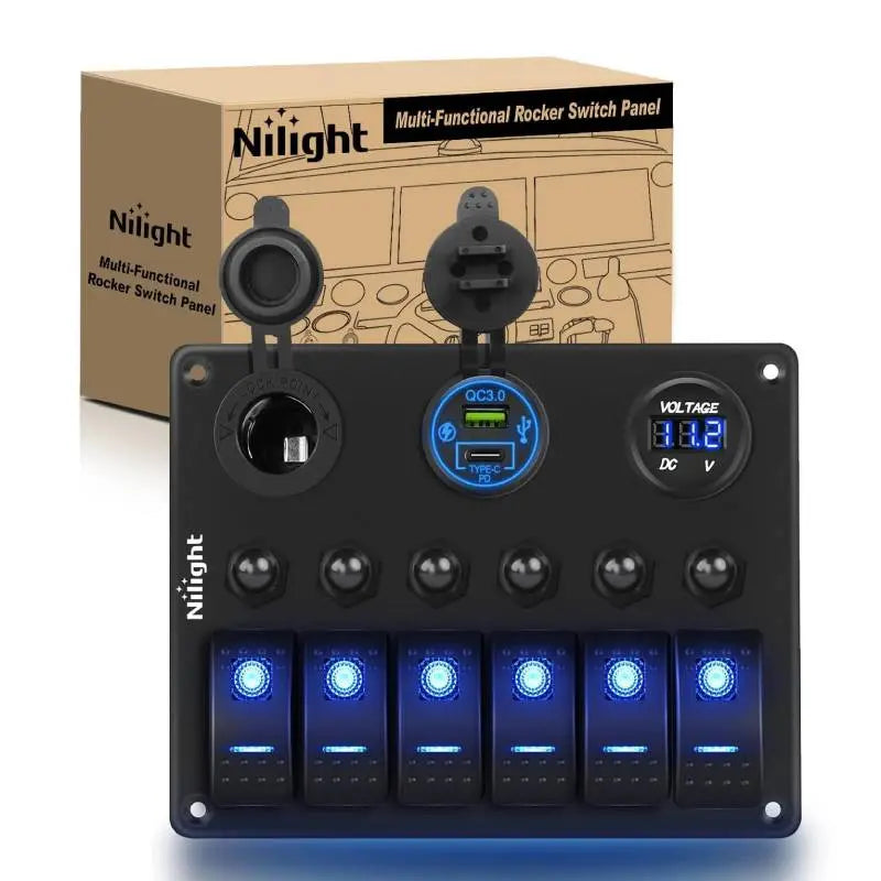 Nilight 6Gang ON/Off Blue Rocker Switch Panel w/ PD Type C & Dual USB Cigarette Lighter Socket Voltmeter
