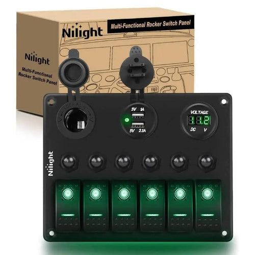 Nilight 6Gang ON/Off Green Rocker Switch Panel w/ Dual USB Cigarette Lighter Socket Voltmeter