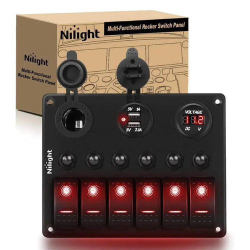 Nilight 6Gang ON/Off Red Rocker Switch Panel w/ Dual USB Cigarette Lighter Socket Voltmeter