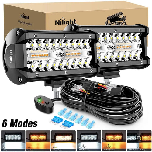 Nilight 6.5 Inch 120W Triple Row Amber White Spot Flood LED Light Bars (Pair) | 16AWG DT Wire