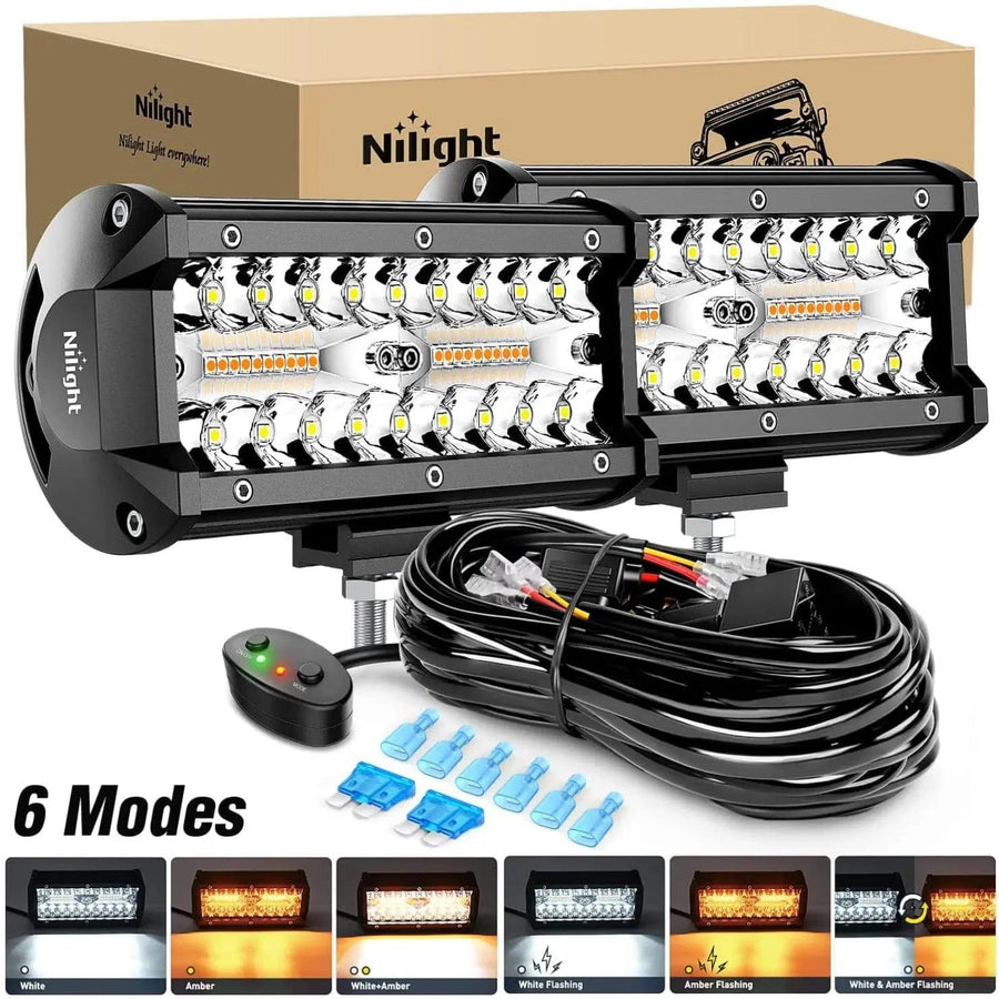 Nilight 6.5 Inch 120W Triple Row Amber White Spot Flood LED Light Bars (Pair) | 16AWG DT Wire