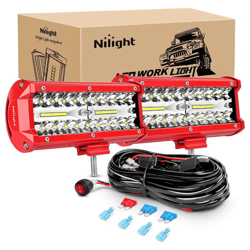 Nilight 6.5 Inch 120W Triple Row Red Case Spot Flood LED Light Bars (Pair) | 16AWG Wire 3Pin Switch