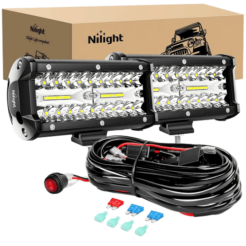 Nilight 6.5 Inch 120W Triple Row Spot Flood LED Light Bars (Pair) | 16AWG Wire 3Pin Switch