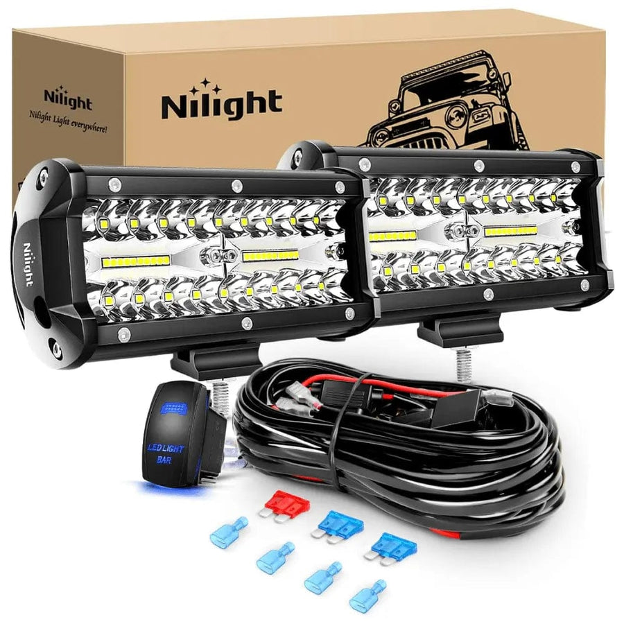Nilight 6.5 Inch 120W Triple Row Spot Flood LED Light Bars (Pair) | 16AWG Wire 5Pin Switch