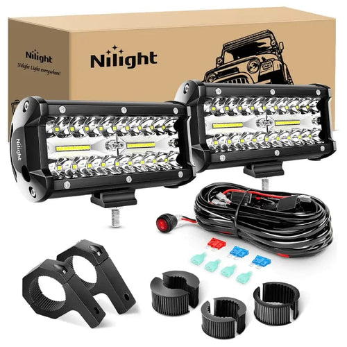 Nilight 6.5 Inch 120W Triple Row Spot Flood LED Light Bars (Pair) | Horizontal Bar Tube Clamp | 16AWG Wire 3Pin Switch